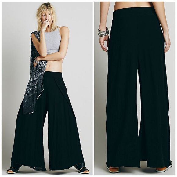 NWT Free People Beach Flare Wide Leg Stretch Knit Pleated Pant in Black Size XS - Picture 1 of 14